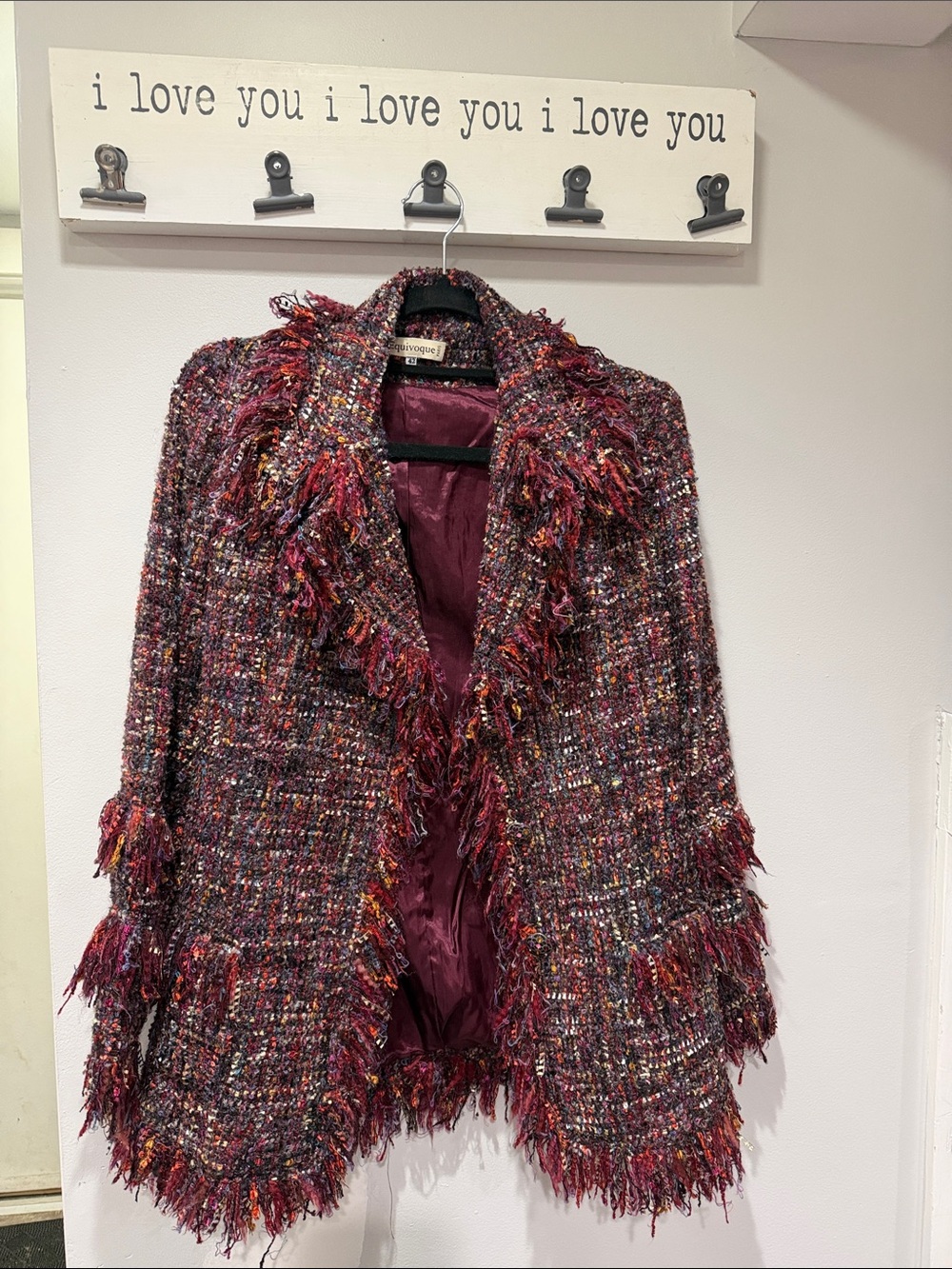 Fringed Tweed Open-Front Blazer - Burgundy Multi